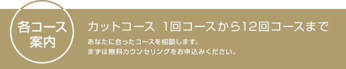 各コース案内 カットコース 1回コースから12回コースまで あなたに合ったコースを相談します。
まずは無料カウンセリングをお申込みください。